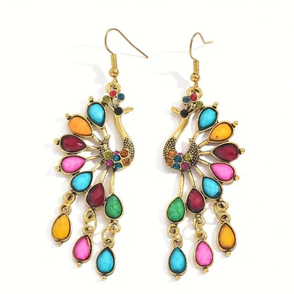 Bohemian Peacock Tassel Dangle Earrings - Picture 2 of 5